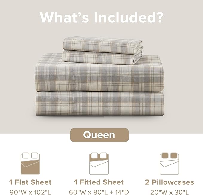 Comfort Spaces 100% Cotton Sheets Queen, Breathable, Naturally Cool Cotton Sheets, Soft Cotton Bed Sheets with 14" Elastic Pocket Fits up to 16" Mattress, All Seasons Sheet Set, Wesley Taupe 4 Piece