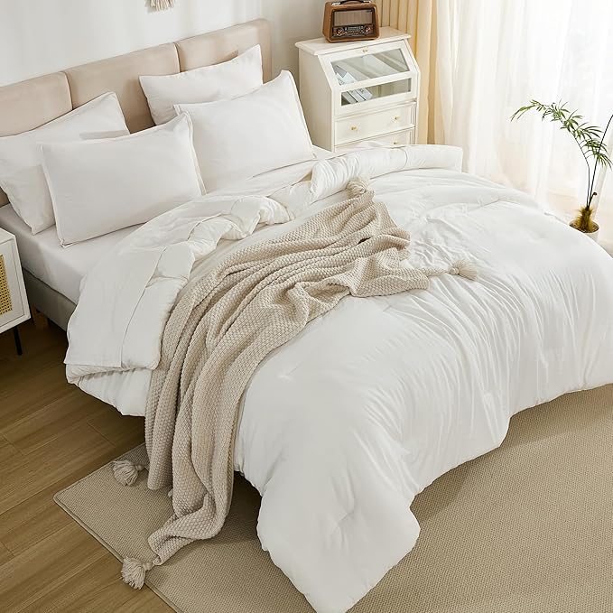 Litanika Queen Comforter Set Ivory - 7 Pieces Bed in a Bag Queen Bedding Comforter Sets, Solid Lightweight Bed Set with Comforter, Sheets, Pillowcases & Shams