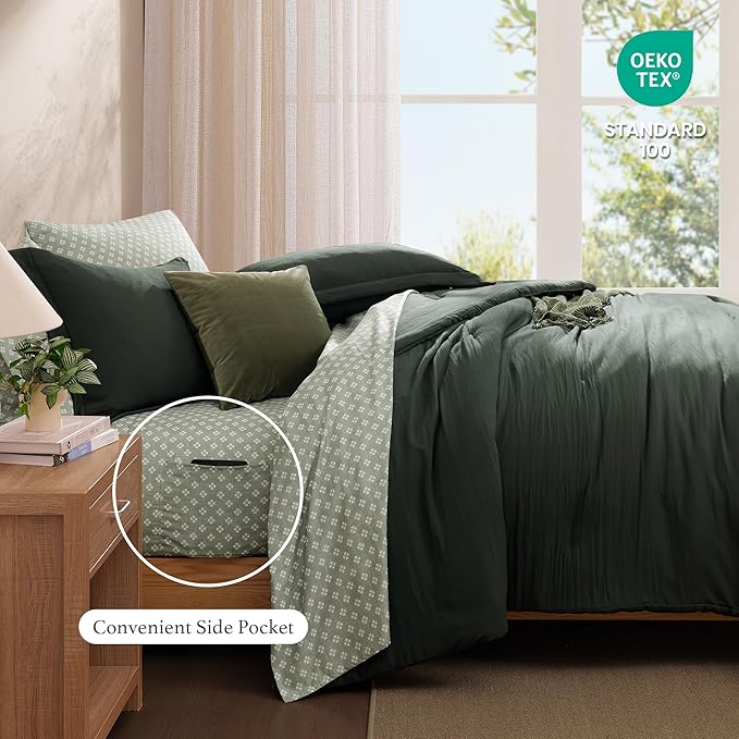 Monbix Queen Comforter Set - 7 Pieces Deep Forest Prewashed Bed in a Bag Queen Bedding Sets with Comforters, All Seasons Ultra Soft Comforter Bed Set with Sheets,Pillowcases & Shams