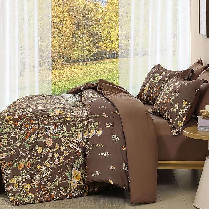 Yiran 7 Piece Brown Fall Comforter Set Queen Size, Floral Flowers Comforter Bedding Set, Bed in a Bag Queen, Soft Microfiber Complete Bedding Set with Sheets for All Season