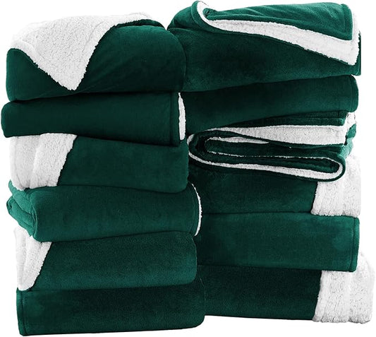 MOONLIGHT20015 Emerald Green Sherpa Fleece Throw Blanket Twin Size for Bed - Wholesale Bulk Pack of 12 Sherpa Blankets - Soft Fluffy Throw Blankets for Hotels, Guest Bedroom, 60x80 Inches