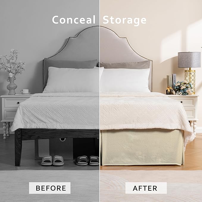 MIYE Pleated Waffle Weave Bed Skirt, Tailored Dust Ruffle 16 Inch Drop Easy Fit, Machine Washable,No Split Corners (Light Beige, Queen - 16" Drop)