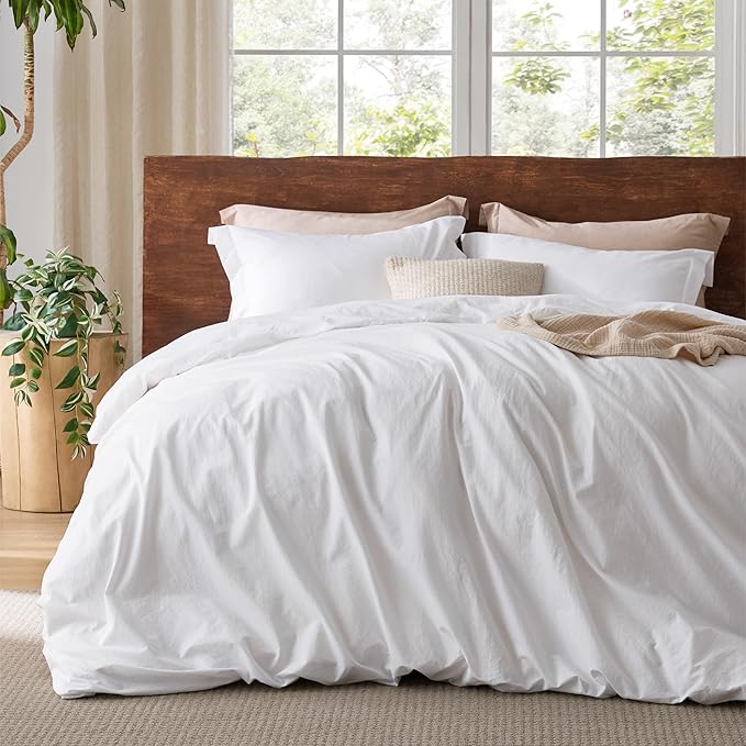 Bedsure 100% Washed Cotton Duvet Cover Twin - Bright White Minimalist Cotton Duvet Cover Linen Like for All Seasons - GentleSoft™ Plain Simple Bedding (Bright White, Twin, 68"x90")
