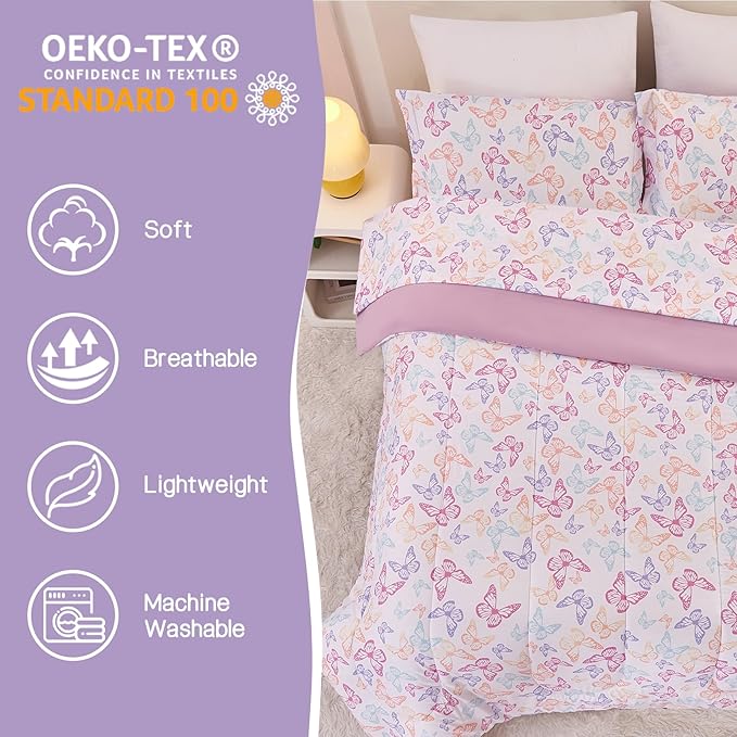 Yibeizi Butterfly Kids Comforter Set for Girls Twin, Cute Quilted Lavender Printed Bedding Set with Pillow Sham, Lightweight Soft Breathable Machine Washable Bed Set 2 Piece