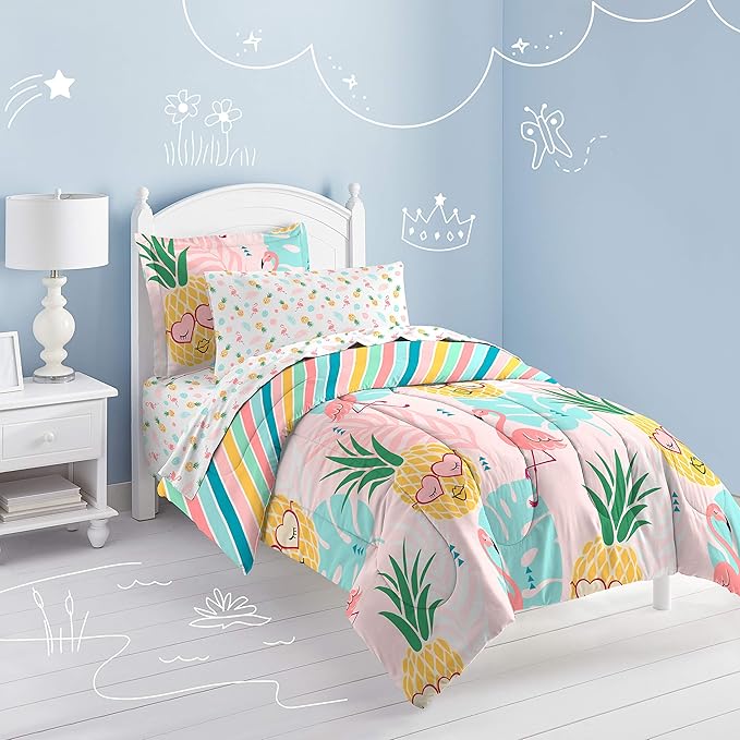 dream FACTORY Easy-Wash Super Soft Microfiber Comforter Bedding, Twin, Pineapple Pink