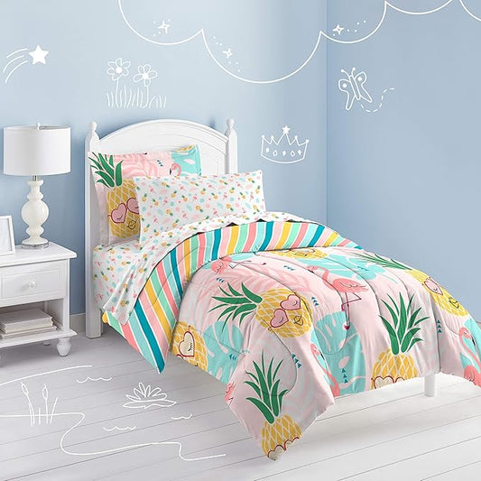dream FACTORY Easy-Wash Super Soft Microfiber Comforter Bedding, Twin, Pineapple Pink