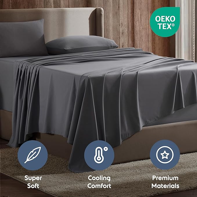 Nestl Short Queen Sheet Set - 1800 Ultra-Soft Microfiber - Double Brushed - Deep Pockets - Easy Fit - 4 Piece Set - Bed Sheets (Short Queen, Dark Grey)