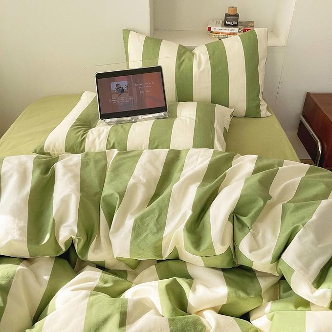 Full Comforter Set 3 Pieces Striped Comforter Set Green White Stripes Pattern Comforter with 2 Pillowcases Modern Style Fluffy Soft Lightweight Bedding Set Comfy Retro Striped Comforter Full Size