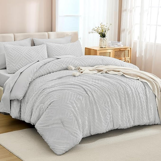Andency California King Size Comforter Set with Sheets Light Grey - 7 Pieces Bed in a Bag Cal King Boho Tufted Lightweight Bedding Sets with Comforter, Sheets, Pillowcases & Shams