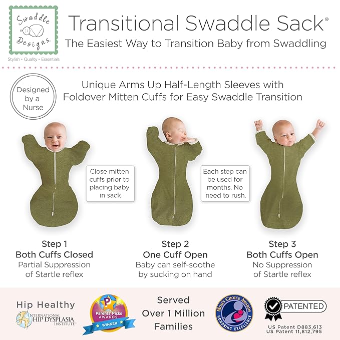 SwaddleDesigns Transitional Swaddle Sack, Arms Up Half-Length Sleeves & Mitten Cuffs, Swaddle for Newborn Transition to Baby Sleep Sack Wearable Blanket, 6-9 Month, 21-24 lb, Heathered Green Turtle