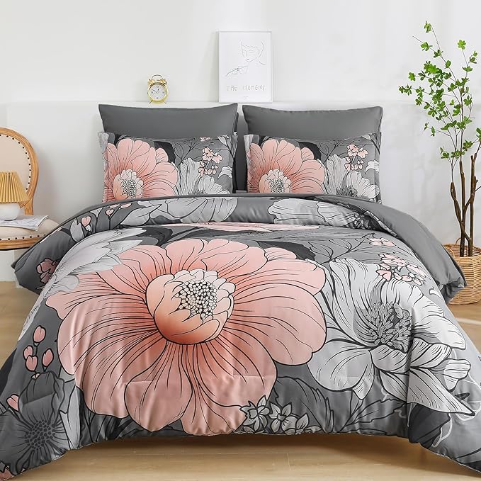 Xruibed King Comforter Set 7 Pieces Grey Floral Comforter Set King Size Bed in a Bag Flower Bedding Sets Lightweight Boho Bed Set with Sheet,Pillowcases&Shams for All Season