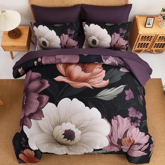 Xruibed Black Purple Floral Comforter Set Queen Size 7 Pieces Bed in a Bag Flower Bedding Sets Lightweight Boho Bed Set with Sheet,Pillowcases&Shams for All Season