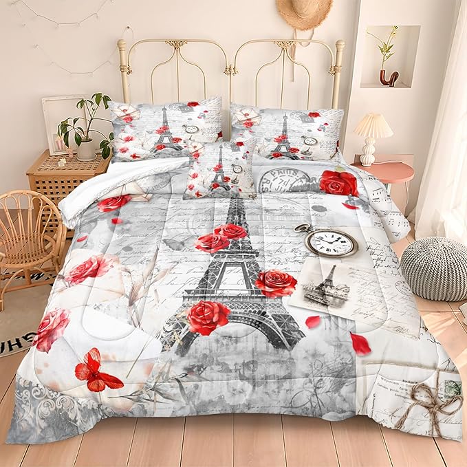 Bedbay Eiffel Tower Comforter Set King Size French Style Bedding Romantic Paris Retro Letter Rose Flowers Printed Paris Room Decor 4-Piece Soft Microfiber Girls Women Quilt Set (Red, King)
