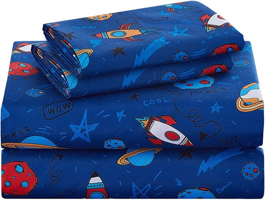 Kids Sheet Set Full Size, Full Sheet Set with Space Universe Pattern，Breathable Silky Soft Microfiber Kids Fitted Sheet