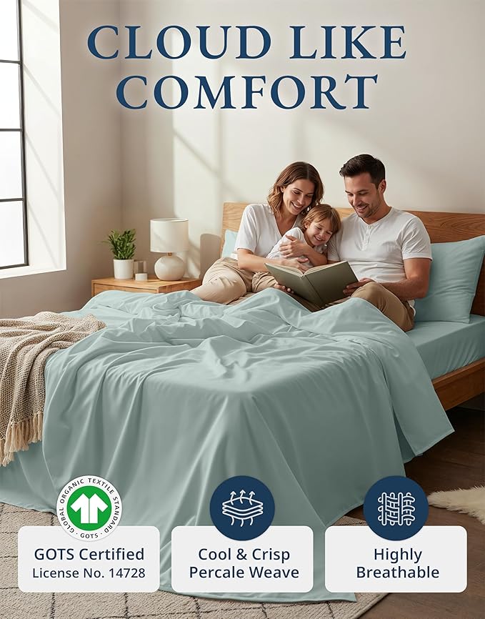 LANE LINEN 100% Organic Cotton Bed Sheets King Size, Soft & Comfy Fully Elasticized Percale Bedding Sheets & Pillowcase Set, Low Pilling Machine Washable All Season King Sheet- French Blue