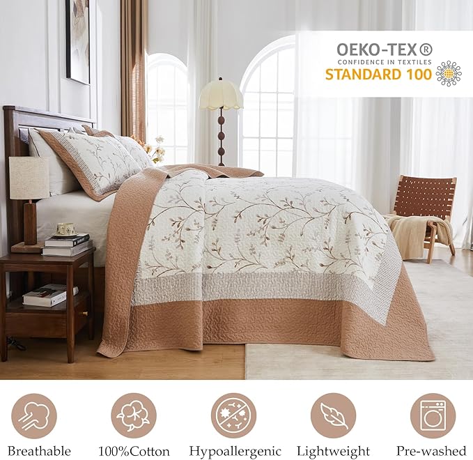 Oversized Queen Bedspread 102"x120" - 100% Cotton Lightweight All-Season Quilted Coverlet with Vine Floral Design - Elegant Farmhouse & Modern Bedding - Oversized Queen Quilt Brown/White