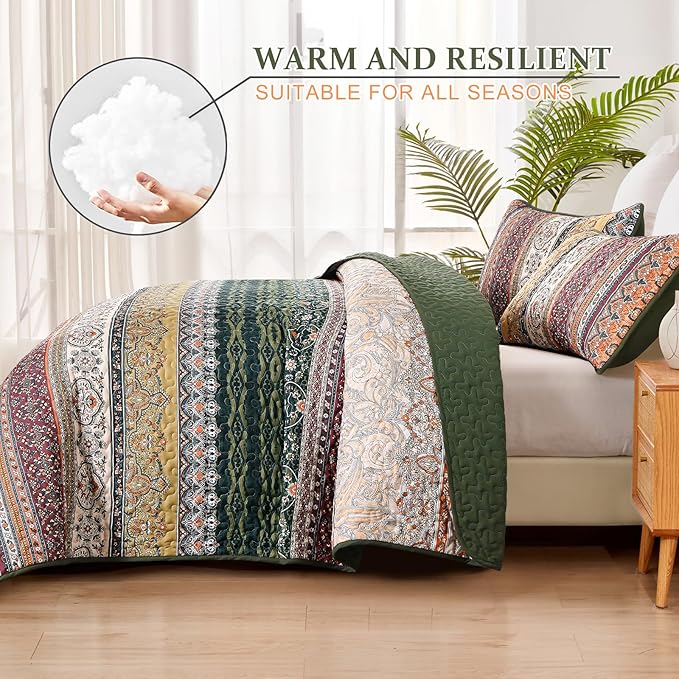 WONGS BEDDING Boho Quilt Set Full Size, Green and Orange Bohemian Quilt Bedding Set, Fall Lightweight Bed Decor Bedspread for All Season Reversible Microfiber Coverlet Bedding Set 78"x90"(3 Pieces)