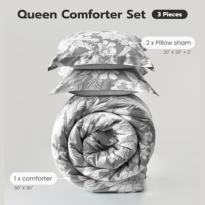 Joiedomi Queen Comforter Set Grey, 3 Pieces Floral Queen Bedding Set with 1 Soft Reversible Botanical Flower Comforter and 2 Pillow Shams, Bed in a Bag for All Seasons