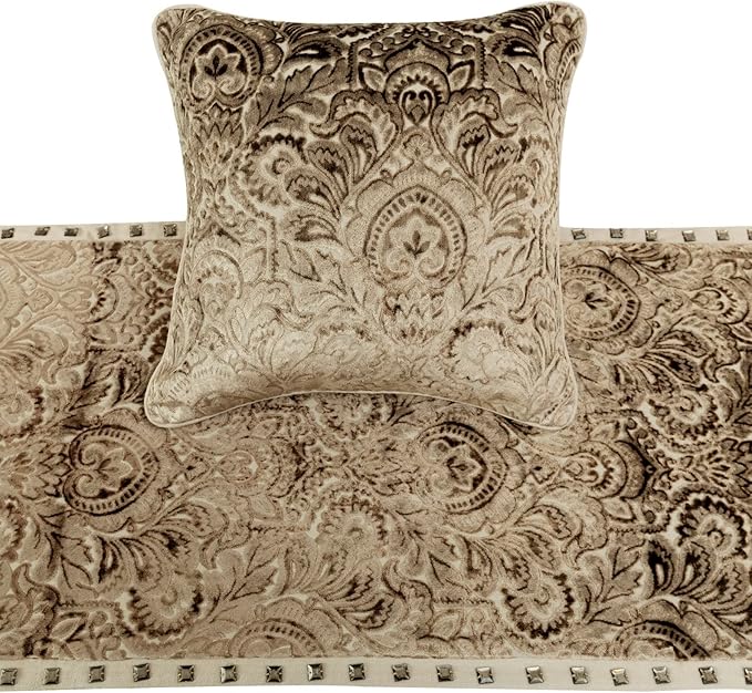 The HomeCentric King/Queen/Twin Beige Decorative Twin 53"x18" Bed Runner with 2 Pillow Cover, Velvet Damask & Crystal Border Bed Scarf on Velvet Fabric - Henriretta