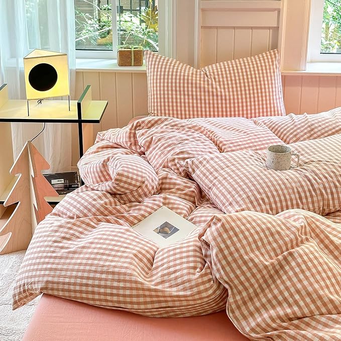 LifeTB Pink Gingham Comforter Set Twin XL Modern Style Pink Plaid Comforter Set Soft Fluffy 3 Pieces Grid Checkered Pattern Comforter with 2 Pillowcases Farmhouse Gingham Bedding Set Twin XL