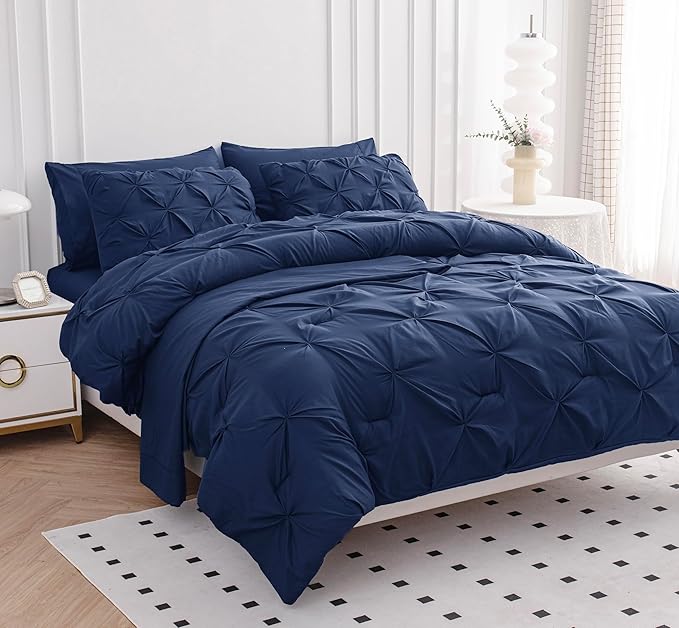 LANE LINEN Queen Comforter - Set of 7 Piece - Pintuck Stitch Design Bedding with 1 Comforter, 1 Flat Sheet, 1 Fitted Sheet, 2 Pillowcases & 2 Shams - Soft, Warm & Cozy Bedding Collection – Navy Blue | Cozy bedding, Breathable comfort, Light all season,...