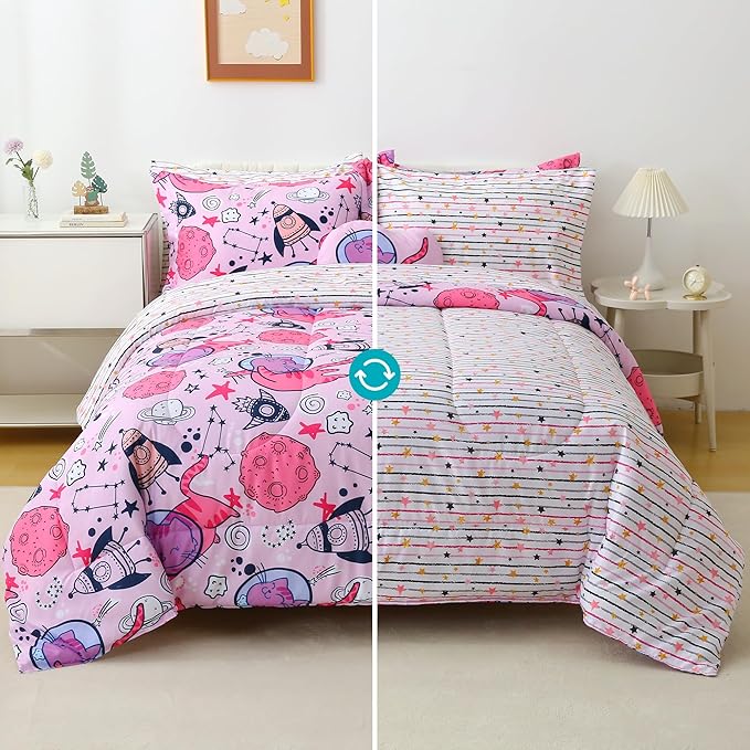 Mooreeke Kids Twin Comforter Sets for Girls 6 Pieces Cute Space Cat Bedding Set for Teens Microfiber Pink Kids Bed in A Bag with Comforter, Sheet Set, Shams and Decorative Toy Pillow All Season