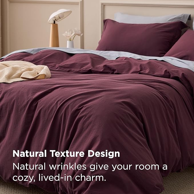 Bedsure 100% Washed Cotton Duvet Cover Queen Size - Burgundy Minimalist Cotton Duvet Cover Linen Like for All Seasons - GentleSoft™ Plain Simple Bedding (Burgundy, Queen, 90"x90")