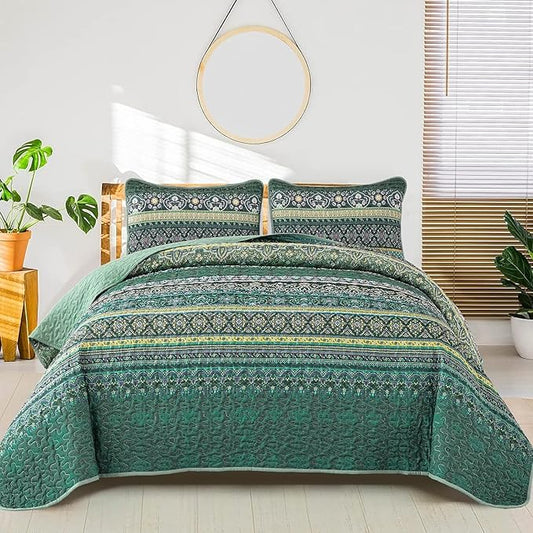 WONGS BEDDING Boho Quilt Full Size, Green Bohemian Full Quilt Set, Lightweight Microfiber Bed Decor Bedspread for All Season 78"x90"(3 Pieces)