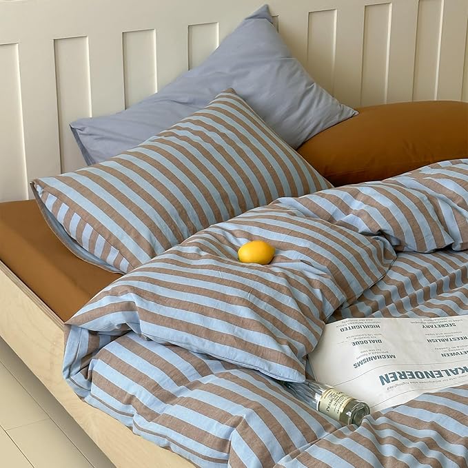LifeTB Vintage Striped Comforter Set Twin XL, Blue Brown Stripes Print Reversible Bedding Set, 3 Pieces Lightweight Bedding Comforter with 2 Pillowcases, Farmhouse Striped Twin XL Comforter Set