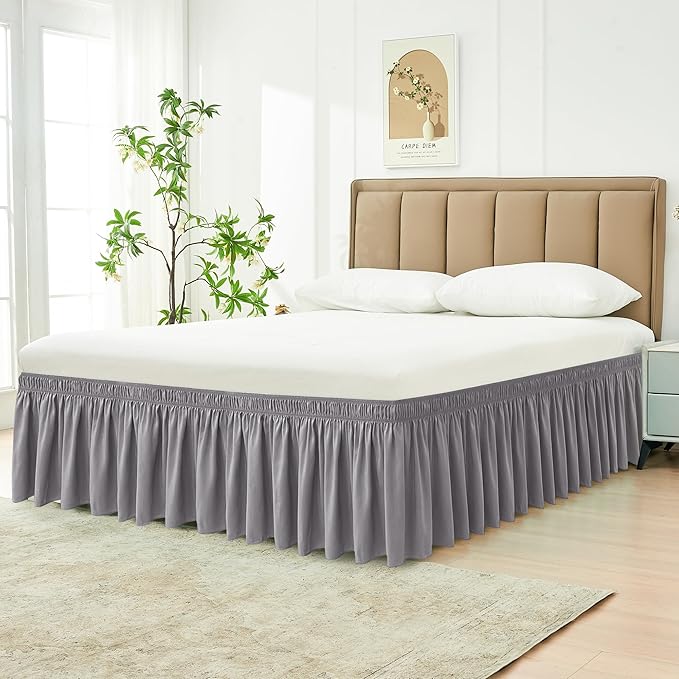 Biscaynebay Wrap Around Bed Skirts for Full & Full XL Beds Extra Long Drop of 25", Silver Grey Adjustable Elastic Dust Ruffles Easy Fit Wrinkle Resistant Silky Luxurious Fabric Machine Washable
