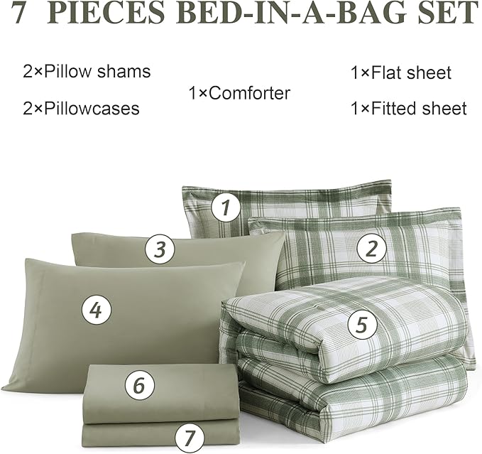 Full Size Comforter Sets, Green Plaid Bedding Set 7 Piece for Boys Girls Teen, Classic Homestead-Style Kids Comforter Set Bed in A Bag with Sheets, Pillowcases & Shams