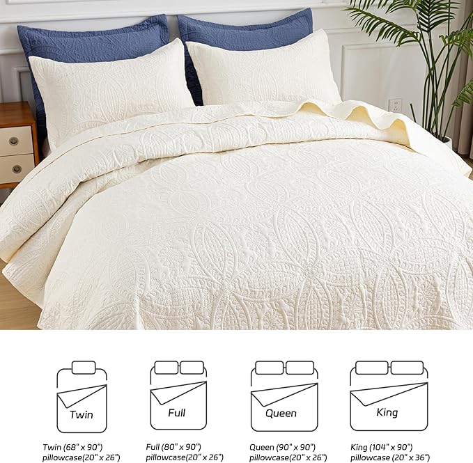 SheRest King Quilt Bedding Set - Soft Breathable Bed Quilt, Modern Style Embossed Bedspreads, Lightweight Microfiber Reversible Coverlet for All Seasons, Cream, 3 Pieces (1 Quilt,2 Pillow Shams)
