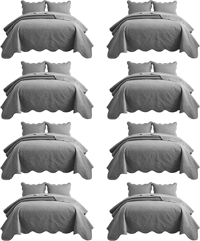 MOONLIGHT20015 8 Pack Quilt King Size Bedding (106" x 96") - Bulk Wholesale for Hotels, Guest Bedroom & Airbnbs - Lightweight Microfiber Reversible Floral Embossed Quilts Bedspreads (Grey)