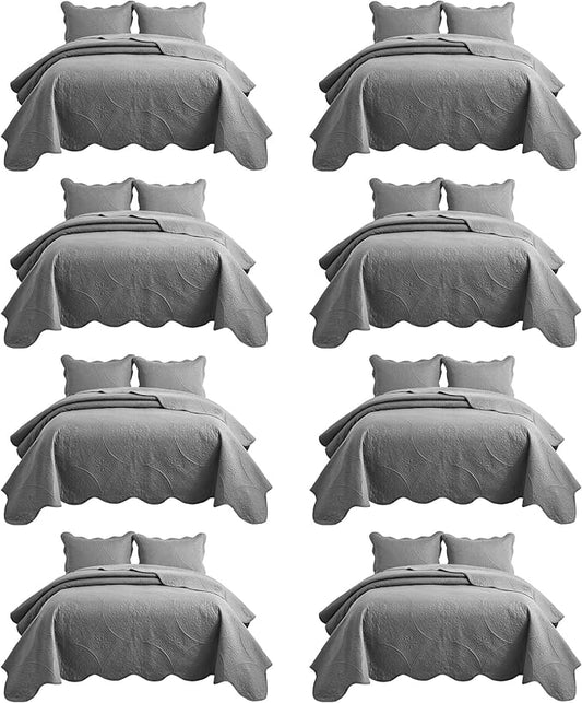 MOONLIGHT20015 8 Pack Quilt King Size Bedding (106" x 96") - Bulk Wholesale for Hotels, Guest Bedroom & Airbnbs - Lightweight Microfiber Reversible Floral Embossed Quilts Bedspreads (Grey)