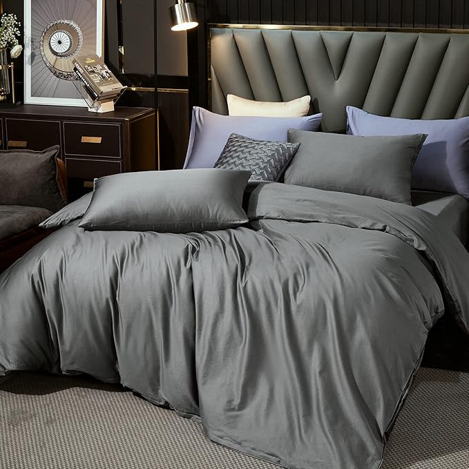 MooMee Duvet Cover Set 100% Extra Long Staple Cotton 600 Thread Count Silky Sateen Smooth Luxury Soft Breathable Durable Hotel Quality Bedding, 3 Pieces (Dark Gray, Queen 90"x90")