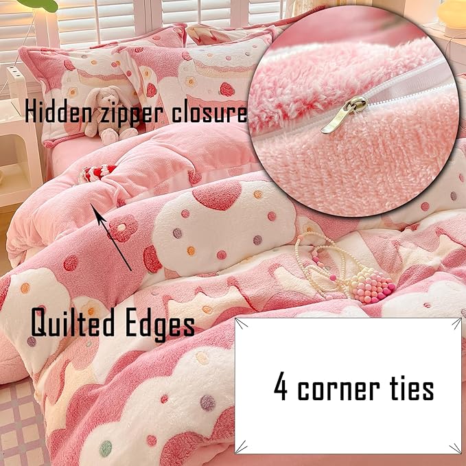 MorroMorn Pink Duvet Cover Queen, Cream Cake Kawaii Bedding Sets, Fluffy Comforter Covers Set, Down Alternative Blanket Ultra Soft Cute for Girls Kids Teen Women Full Double Size
