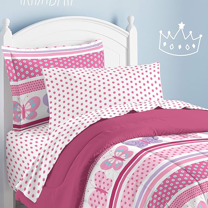 Dream Factory Butterfly Dots Ultra Soft Microfiber Girls Comforter Set, Pink, Full
