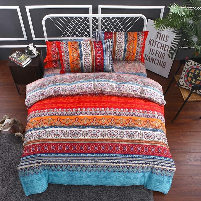 Boho Duvet Cover King, 100% Microfiber Ethnic Boho Colorful Bedding Set for Men Women, Blue Yellow Orange Modern Geo Aztec Print Duvet Cover, with Zipper Closure Luxury Soft Durable (King, 3pcs)