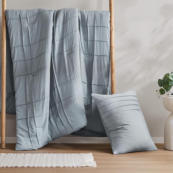 Comfort Spaces Blue/Grey Twin Size Duvet Cover Set - 2 Piece Pintuck Pleated Duvet Cover, All Season Lightweight, Extra Softness Pre-Washed Microfiber Bedding Cover Shams