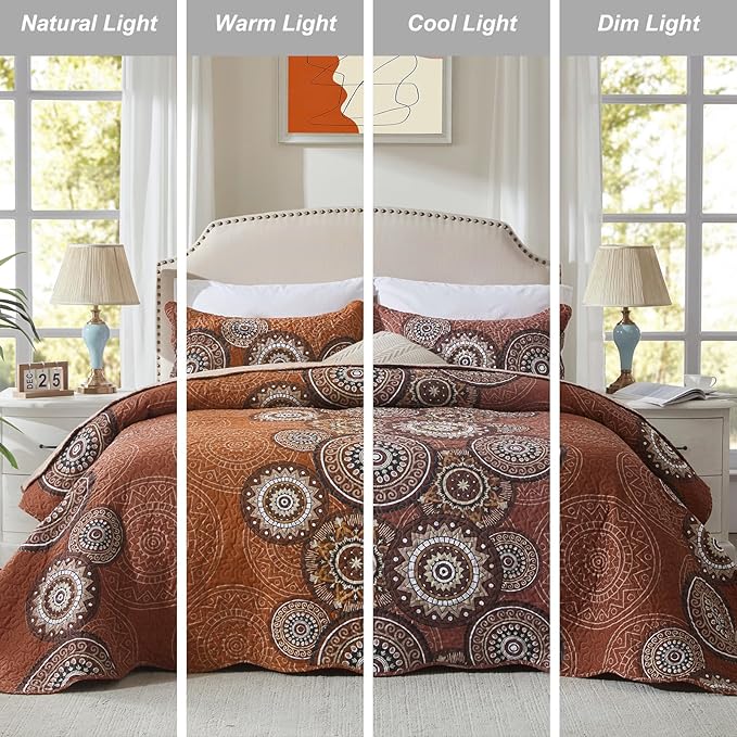 LEAONME 3-Piece Full Queen Size Burnt Orange Rust Quilt Set Lightweight Oversized Bedspread 90''x98'' Soft Microfiber Floral Coverlet Luxurious Warm Bed Cover for All Seasons (1 Quilt, 2 Pillow Shams)