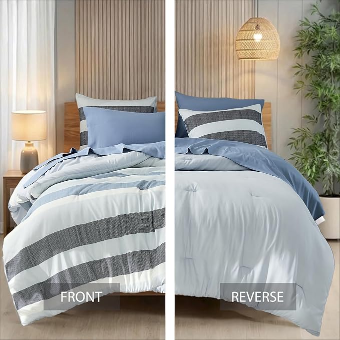 Full Size Modern Striped Comforter Set, Lightweight Soft Microfiber Bedding Sets for All Season 7 Pieces Bed in A Bag Set with Comforter, Sheets, Pillowcases & Shams, Navy Blue
