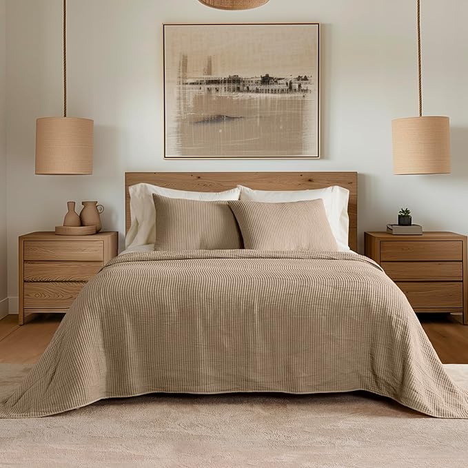 EVERGRACEHOME Cotton Coverlet Set King Size 3 Pieces, Lightweight Soft Ribbed Matelassé Bedspread Quilt Set, Cozy Oversized Quilted Bedding Set with 2 Pillow Shams for All Seasons, Urban Taupe