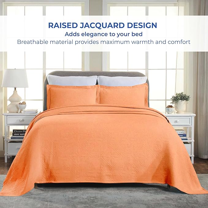 Superior 2 Piece Celtic Circles Cotton Bedspread Set, Decorative Bed Spread, Home Bed Decor, 1 Pillow Sham, Medium Weight Blanket, Matelasse Coverlet Bedding, Wedding Ring Design, King, Salmon