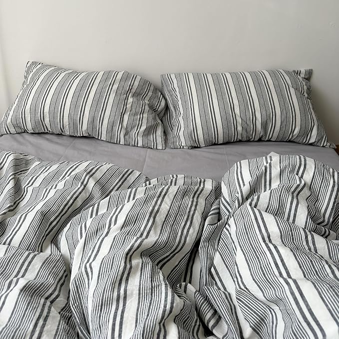 VM VOUGEMARKET King Duvet Cover Set Black Grey White Stripes Bedding Set,Luxury Comfy Washed Cotton Textured Linen Like Comforter Cover with Zipper&Ties-104"x90"