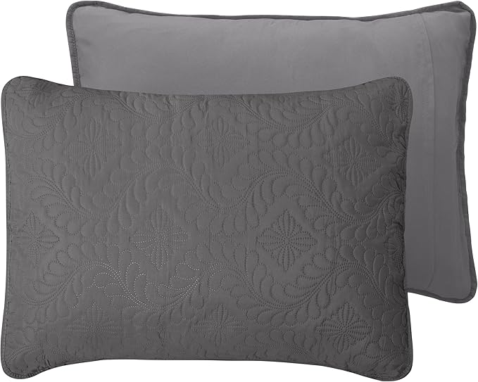 Easy-Going Full/Queen Size Reversible Quilt Set with 1 Quilt and 2 Pillow Shams, Soft Bed Quilt Cover, Water Resistant Lightweight Microfiber Bedspread, Stain Resistant, Olive Leaf-Gray/Light Gray