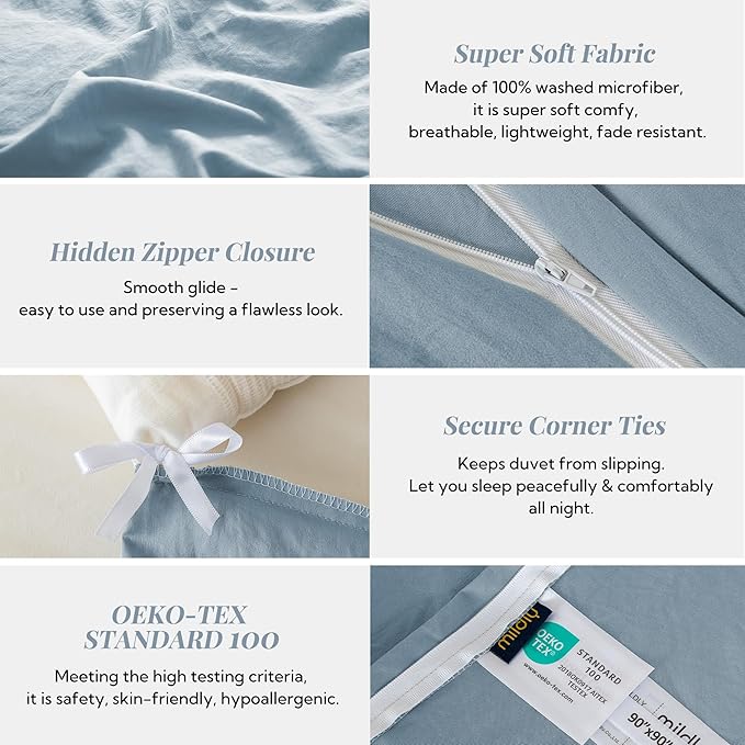MILDLY Super Soft Duvet Cover 2pcs - 100% Washed Microfiber Haze Blue Comforter Cover Set with Zipper Closure & Corner Ties (No Comforter)