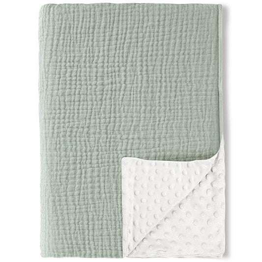 Konssy Baby Blankets for Unisex Boys Girls, Super Soft Nursery Minky Blankets with Muslin Cotton Front and Dotted Fleece Backing, Printed Bed Throws Newborn
