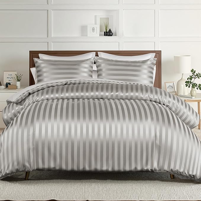 Whale Flotilla 3-Piece Reversible Silky Soft Queen Comforter Set, Luxury Stripe Satin Comforters Full Size Bedding Set with 2 Satin Pillowcases, Lightweight Duvet for All Seasons, Grey