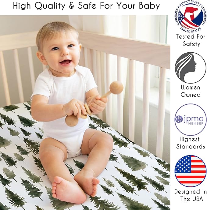 Sweet Jojo Designs 4-Piece Baby Crib Bedding Set (Sage Green Woodland) for Boys/Girls, Infants/Nursery incl. Blanket, Fitted Sheet, Skirt, Diaper Stacker (Forest Themed, Nature, Pine Tree, Abstract)