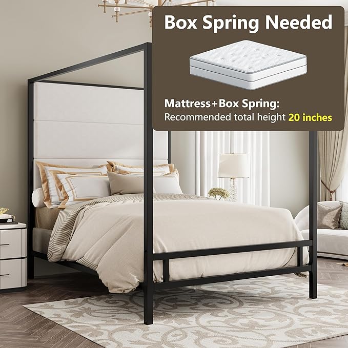 Merax King Size Modern Canopy Bed Frame, with Tall Linen Fabric Upholstered Headboard Metal 4-Poster, Box Spring Needed, Black + White